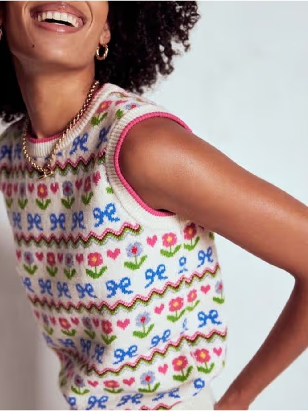 Boden Edie Fair Isle Tank Vest Oatmeal Melange, Flowers - Picture 4 of 9